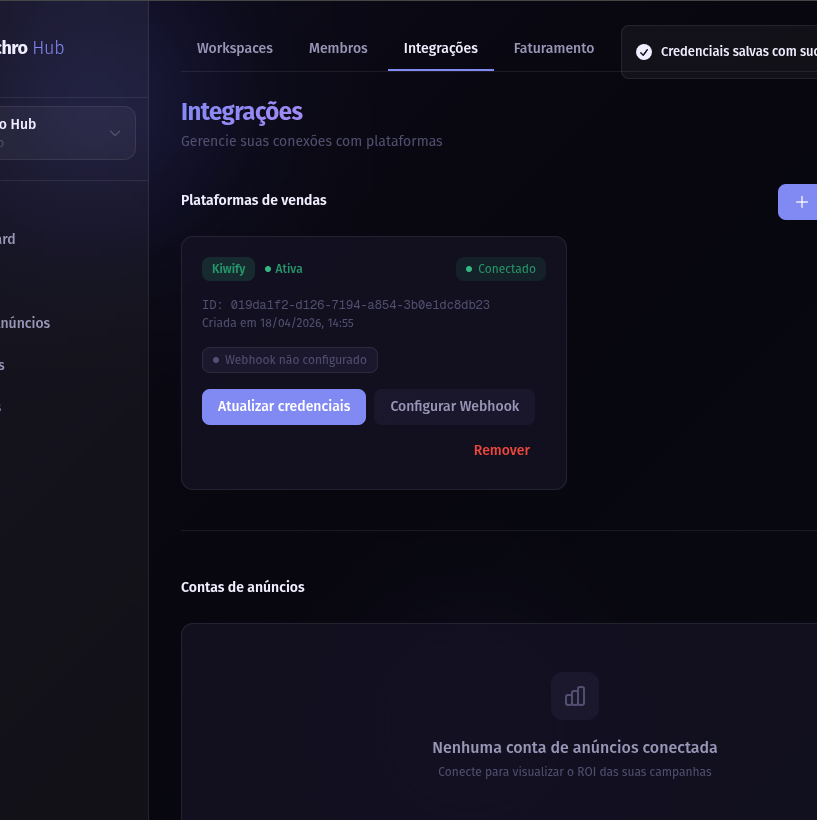 Card da integração Kiwify conectada